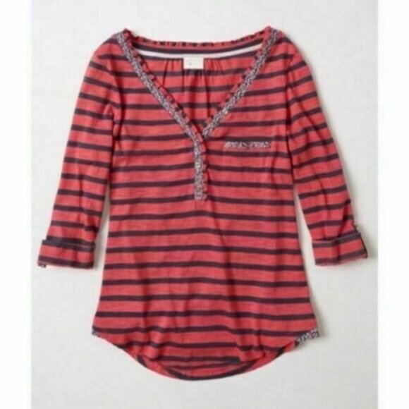 Anthropologie Postmark Henley Top Womens S Striped Floral Trim Roll Tab Sleeves - Picture 2 of 12
